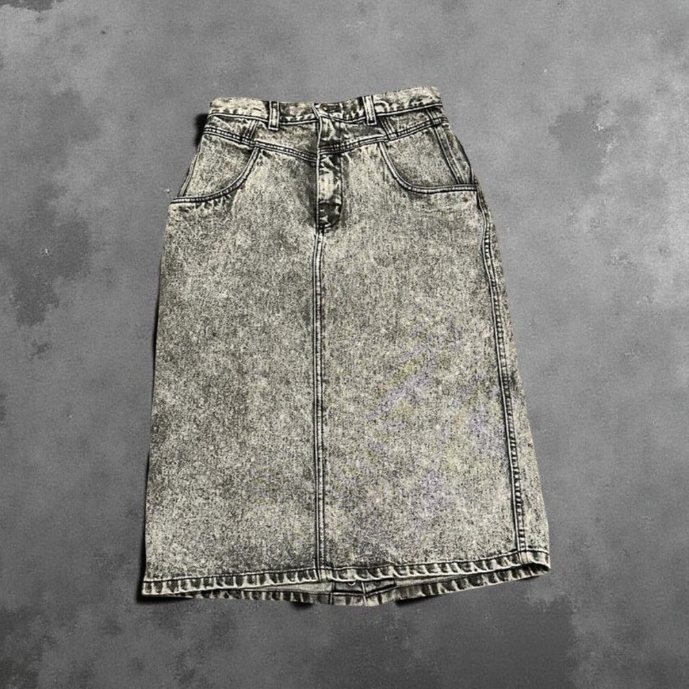 Vintage Bonjour Paris New York Acid Wash Skirt Snap-Back Slit Women's 12 EUC